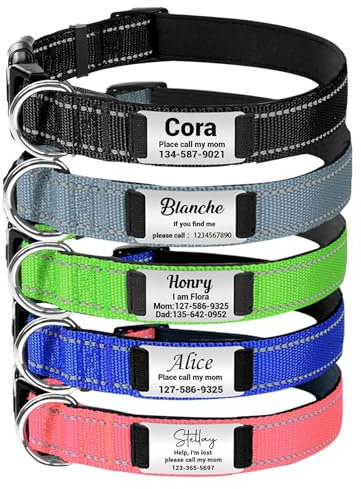 Personalised Dog Collars, Custom Dog Collar with Name Plate, Name Tag for Dogs Collar, Stainless Steel Engraved Name Phone Plate ID Pet Collar, Adjustable Reflective Dog Collar Small/Medium/Large Dogs