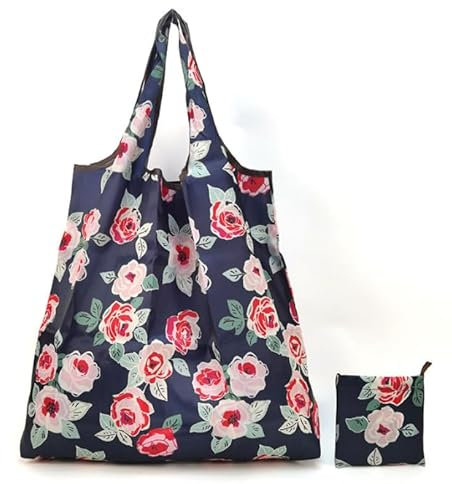 Einkaufstasche Faltbar, 2pcs Einkaufsbeutel Mit 2 Haken Falttasche Wiederverwendbare Faltbare Tasche Groß Einkaufstüte Stoff Foldable Shopping Bag für Wäsche Sport Shopping Lebensmittel (Blume)