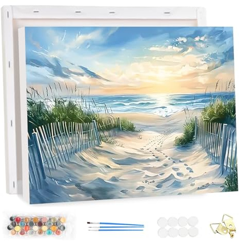 HEIBAGO Peinture par Numéros Adulte avec Cadre, Plage De Sable Kit de Peinture pour Débutants DIY Paysage Peinture Acrylique Artistique avec Pinceaux Décoration Murale 20x30cm