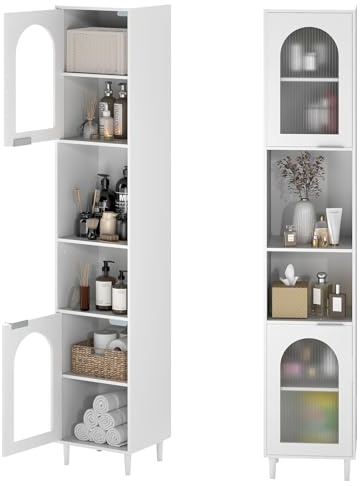 COSTWAY Badschrank Hochschrank schmal, Badezimmerschrank mit 2 Glastüren und 2 verstellbaren Regalen, platzsparender Badregal für Badezimmer, Wohnzimmer, Küche, 35 x 30 x 180 cm, weiß