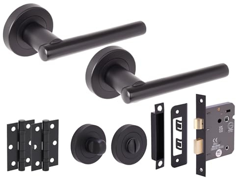 Hunta HANDLEZONE® Solus Door Handles on Rose Bathroom Lock Pack with Ball Bearing Hinges - Black Matt
