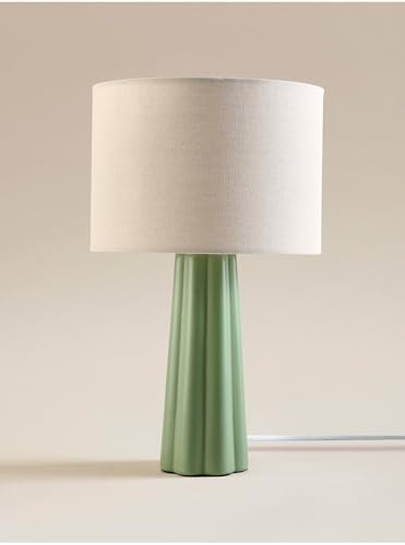 DEENZ Ceramic Large Table Lamp Triangle/Cone Ribbed Base Matching Drum Linen Details Fabric Shade Brighten Up Home Spaces Visual Appeal Classic Lightning Accent Statement 35 X 21 Cm (Green)