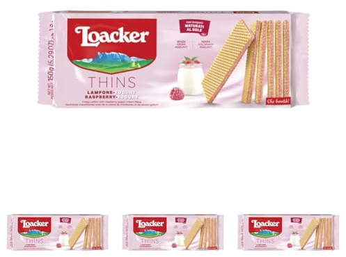 Loacker, Thins, Wafer Finissimi e Croccanti Farciti con una Deliziosa Crema al Lampone e Yogurt, Senza Aromi e Coloranti Aggiunti, Ideali a Colazione, Merenda e Snack, 1 Confezione da 600g