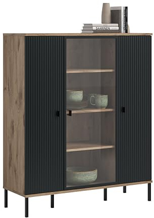 xonox.home – Highboard Chess 115x137x41 cm in Schwarz Tiefzieh und Nox Oak Nachbildung – Schrank mit Glastür & 10 Fächern – Elegante Präsentationsfläche & geschlossene Ablage für Ihr Wohnambiente