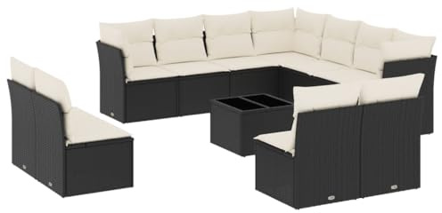 HFXHIJXQ 12-TLG. Gartenmöbel-Set Schwarz Poly-Rattan Eck-Couch 234x234x69 cm mit Stauraum UV-beständig & Cremekissen für Garten Terrasse Balkon