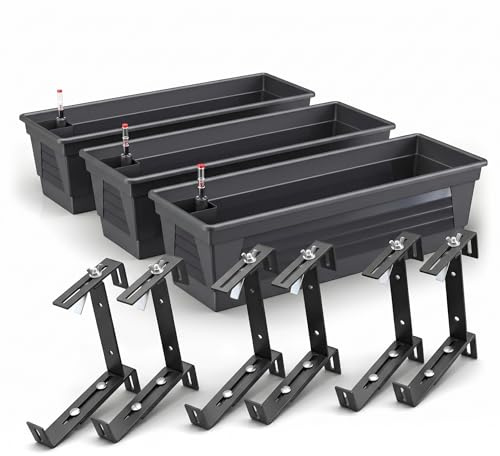 Plastard Blumenkasten 60 cm 3er Set Anthrazit selbstwässernd Pflanzkasten | robuste Metallhalterung - Witterungs- UV- & frostbeständig Pflanzkübel für Balkon, Garten & Terrasse mit Wasserstandsanzeiger