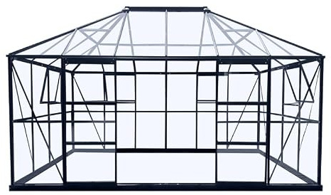 Green Protect Serre de Jardin en Aluminium avec Porte Coulissante Noire 420x286x284cm Verre Trempé 4mm Double Porte