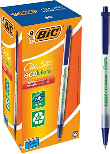 BIC Kugelschreiber Set ECOlutions Clic Stic, in Blau, Strichstärke 0,32 mm, 50er Pack, Ideal für das Büro, das Home Office oder die Schule