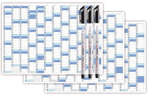 3 Stück XL Wandkalender DIN A1 2026 blau, nass abwischbar plus 3 Folienstifte schwarz Kalender Format 59,4 x 84,1cm Jahresplaner Wandplaner gerollt