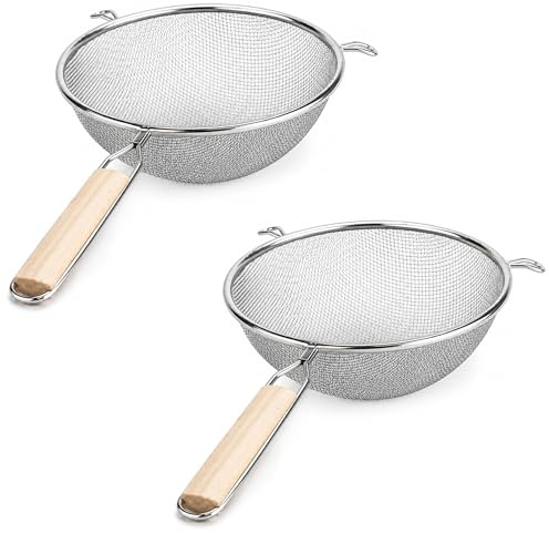Huji Stainless Steel Fine 8 Double Mesh Food Strainer Colander Sieve Sifter with Wooden Handle for Kitchen Rice Pasta Noodles (2 Pack)