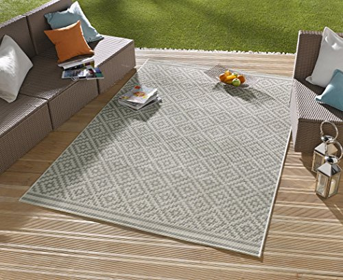 designimpex Teppich In- und Outdoor OD-4 Grau Creme mit Rautenmuster 160 x 230 cm für Terrasse Wintergarten Balkon Garten Wohnzimmer Gartenteppich Wendeteppich