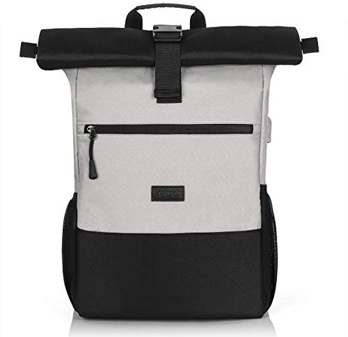 RJEU Rolltop Rucksack Herren Damen,Schulrucksack Teenager,Daypack mit 12-17 Zoll Laptopfach für Studium,Arbeit,Reisen,Universität (Grau-26L)