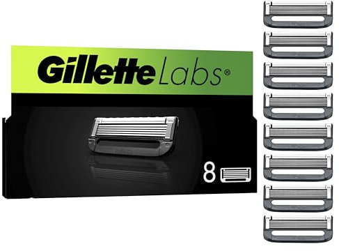 Gillette Labs Lot De 8 Recharges De Rasoir Pour Hommes, AUTHENTIQUES, A 5 Meilleures Lames De La Marque, Barre Exfoliante Pour Un Rasage Doux Et Efficace, Compatibles Avec Les Manches GilletteLabs