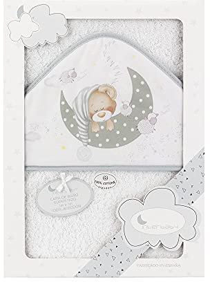 Interbaby - Capa de Baño Bebe Blanco/Gris | Toalla Bebe con Capucha 100% Algodón, 100x100cm, Unisex | Suave, Cómoda, Secado Rápido | Ideal Recién Nacidos, Bebes y Niños Pequeños | Diseño Bear Sleeping
