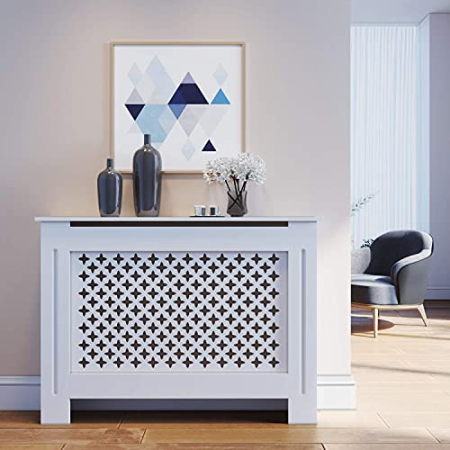 SONNI Copertura per Radiatore, 112x19x81.5 cm Classico e Moderno per Copritermosifone, Copertura Termosifone Grande a Doghe Romboidali Laccati Bianchi