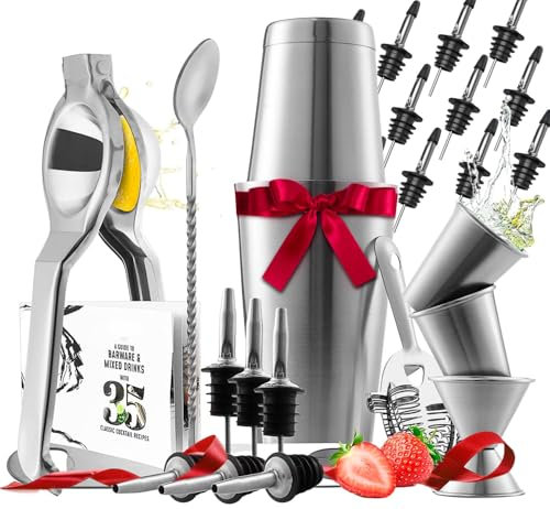 Eatex Bar Set Cocktail Shaker Set, Stainless Steel Mixology Bartender Kit, 28 Piece Cocktail Kit, Silver Cocktail Set, Bar Tools: 30oz Martini Shaker, Muddler, Bar Kit Cocktail Book, Jigger & Pourers