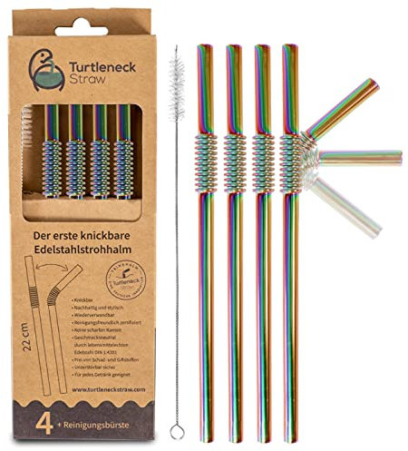 Turtleneck | Flexibler Edelstahl-Strohhalm | Patentiert & Hygiene-zertifiziert | 4 Metall-Strohhalme + 1 Bürste, Regenbogenfarben, 5 Stück