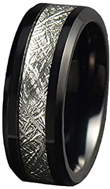 Wolfram Ring Männer Verlobungsring Eingelegt mit Nachgeahmtem Meteoriten Verlobungsring Herren Mit Gravur 8MM Schwarz Silber Ring Männer Größe 72 (22.9)
