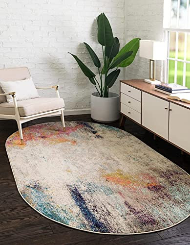SRTJURFG Oval Kurzflor Teppich rutschfest, Waschbar Teppich Abstraktes buntes Beige/Rosa Kinderteppiche Flauschige Groß Schutzmatten 80 X 160 cm
