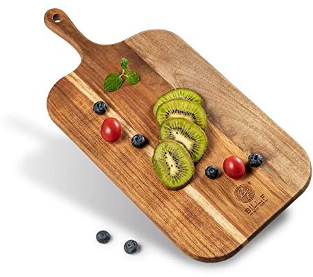 BILL.F Acacia - Tagliere in legno con manico in legno, per carne da cucina, pizza, formaggio, pane, verdure e frutta, 38 x 19 x 1,5 cm