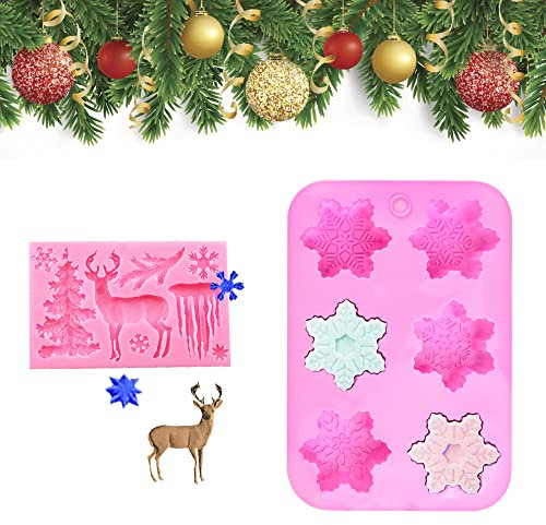 DECARETA Silikonform Weihnachten Schneeflocke Backform 3D Seifenform Schneeflocke Schokoladenformen Antihaft Silikon Form Elch Kuchenform Weihnachts für Muffins Cupcakes Kuchen Pudding