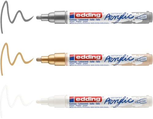 edding 5100 acrylic marker medium - white, gold, silver - 3 waterproof acrylic paint marker - round nib 2-3mm- acrylic paint pen for drawing on canvas, art paper and wood - acrylic markers for pebbles