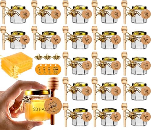 Petits Pots, Mini pots à miel, Petites boites avec cuillères et petites abeilles, Sacs organza, Ruban de satin, Confitures pot pour baptême, Aux invités mariage, Petits cadeaux, Lot de 20 pots 45ml