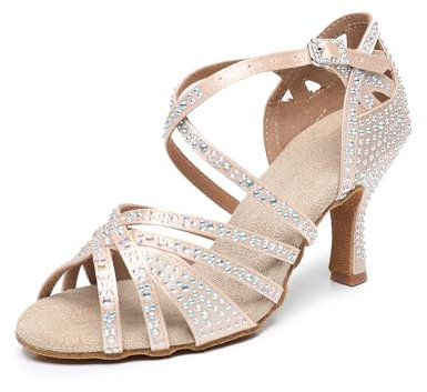 Rosefinch Scarpe da Ballo Latino da Donna con Strass Fondo Morbido Modern Pole Dance Ballroom da Sposa Scarpe Latine Regolabili per Ragazze Signore Beige 7cm Tacco 38 EU