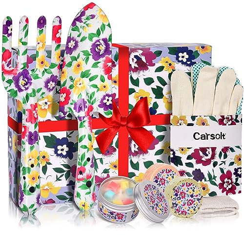 Carsolt Birthday Gifts for Her, Funny Gifts for Mum, Gardening Gifts with Floral Printed Garden Trowel, Garden Fork and Gloves, Valentines Day Gifts for Her, Women - Beautiful Gift Box Ready, Purple