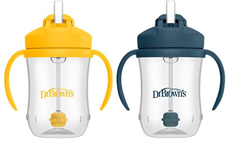 Dr. Brown's Milestones Baby's First Straw Cup, Training Cup with Weighted Straw, 9oz/270mL, Dark Blue/Vintage Yellow, BPA Free, 6m+, 2 Pack