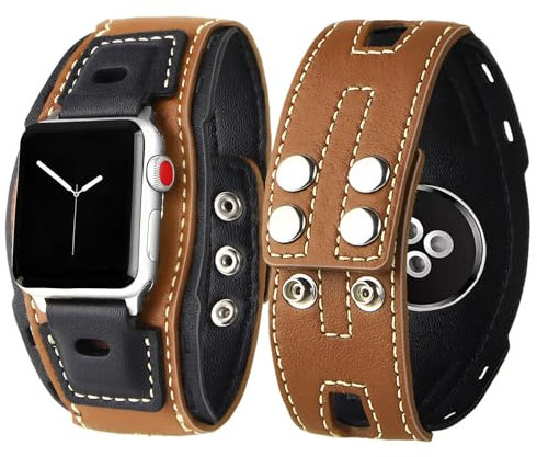 VIQIV Western Smart Bracelet Compatible with Apple Watch Band Series SE Ultra 9/8/7/6/5 49mm 45mm 44mm 40mm 38mm 41mm 42mm for Men Women, Punk Steampunk Military Leather Cuff Smartwatch Strap for