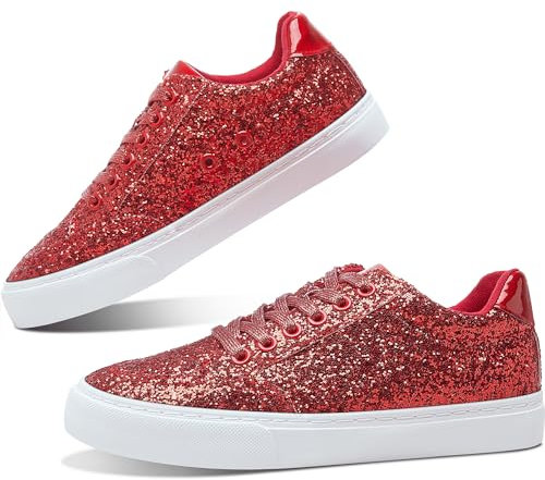 Jeekopeg Glitzernde modische Sneaker-Schuhe, glänzende Freizeitschuhe, glitzernde Pailletten, Konzert, niedrig geschnitten, Schnürschuhe, Rot Glitter, 11 Women/9 Men