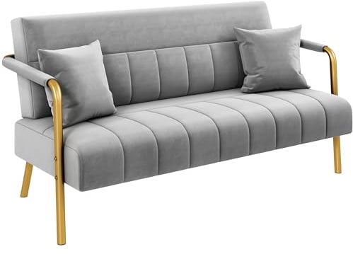 Yaheetech Divano Imbottito a 2 Posti in Velluto con Braccioli Grigio | Divanetto da Salotto 143,5 cm × 71,5 cm × 75,5 cm Sofa Moderno con 2 Cuscini Divano per Soggiorno Camera da Letto