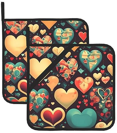 Presine colorate a forma di cuore per barbecue, presine resistenti al calore, cuscinetti caldi, cottura al forno (confezione da 2)