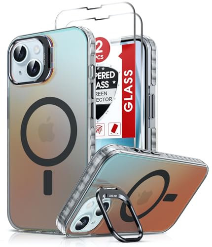 LeYi 3 in 1 Magnetic Case for iPhone 15, Compatible with MagSafe, 2 Screen Protector, Built-in Camera Metal Kickstand Phone Case for iPhone 15, Holographic Iridescent Matte Back Shockproof Cover,Black