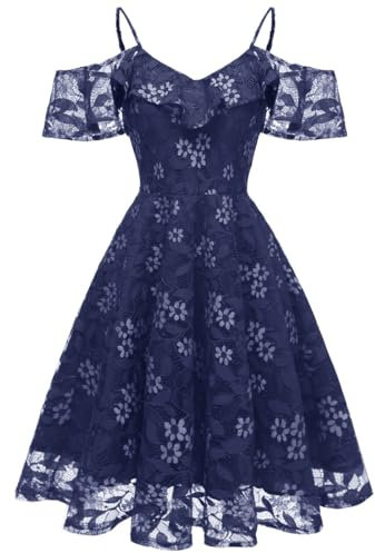 IWEMEK Women Spaghetti Strap Floral Lace Bridesmaid Cocktail Party Dress Cold Shoulder Ruffle Sleeve Wedding Guest Prom Dress, Navy Blue, M