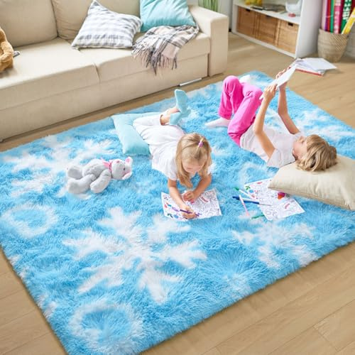 EVOIONOS Die Eiskönigin Prinzessinnen-Teppiche für Wohnzimmer, flauschiger zotteliger Schneeflocken-Teppich für Mädchenzimmer, flauschig, superweich, für Kinderzimmer, Heimdekoration, verbesserte