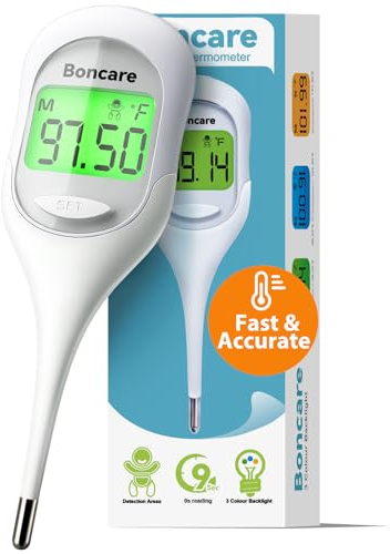 Boncare 9 Seconds Basal Body Thermometer for Ovulation, Oral Thermometer for Adults and Kids - Accurate Rectal Thermometer, with Fever Alarm and Large Display (Rice-White)