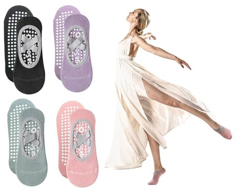 4 Paia Calzini Antiscivolo Donna Pilates, Calze da Yoga Antiscivolo con Cinturino, Cotone Calzini Pilates per Danza, Balletto, Fitness, Dimensioni 35-40 EU, Grigio/Rosa/Nero/Viola