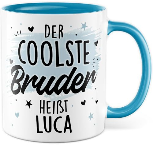 Bruder Tasse mit Spruch personalisiert eigener Name - Geschenk Der coolste Bruder heißt personalisierbar - Kaffeetasse 330ml aus Keramik - Geschwister Brüder Bruderherz Familie