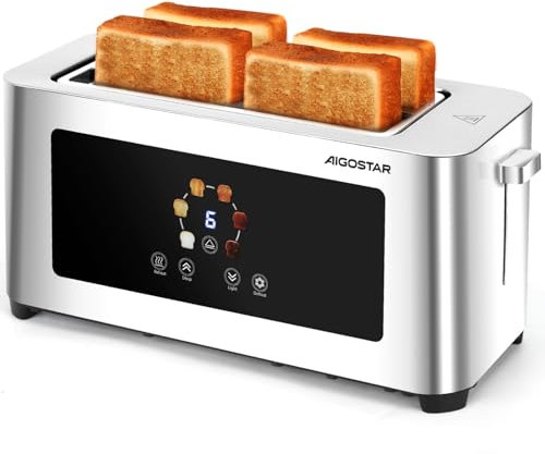 Aigostar 4-Slice Long Slot Toaster Stainless Steel, Extra-Wide Slots, Digital Touch Control, 6 Browning Levels, Defrost Cancel Reheat Functions, 1400W – Perfect for Thick & Thin Bread