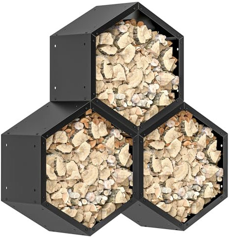 Outsunny Fireplace Log Rack, Steel Firewood Log Holder, 3 Hexagon Boxes, Indoor Outdoor Wood Storage Shelf, 113 x 37 x 113cm, Black