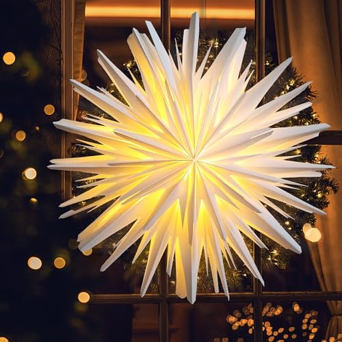 EANLOLY Weihnachtsstern Beleuchtet, Papiersterne Weihnachten, 3D Stern Fenster, Weihnachtsdeko Innen Zum Aufhängen mit Beleuchtung, 60 cm Ø Weiß