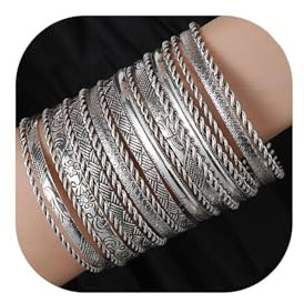 WATEFOER Gold Armreif Armbänder Set für Damen Boho Mehrschichtige Stapelbar Strukturierte Armbänder Indische Chunky Armreif Armband (C-Silber 19pcs)