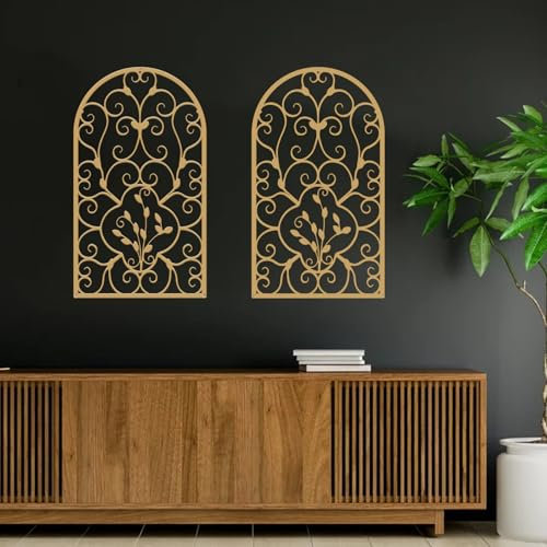 Resama Rustikale Metall Wand Dekor, 2 Pcs Scroll Home Wand Dekor Fenster Bogen Design Moderne Bauernhaus Wand Skulpturen hängen für Wohnzimmer Schlafzimmer Flur Küche (Gold)