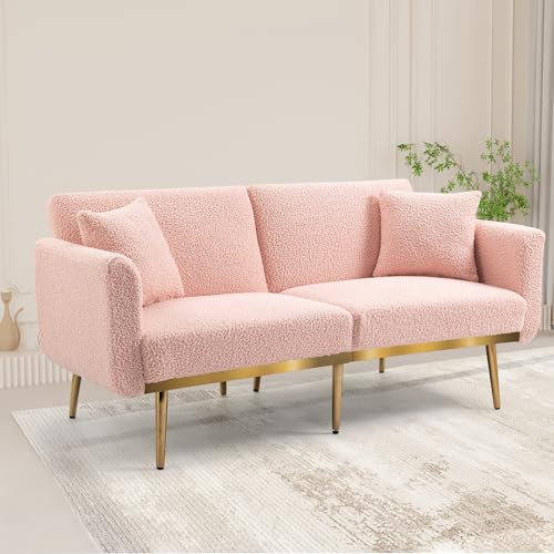 Ymkua Klappbares Schlafsofa mit Schlaffunktion, Verstellbares Sofa Bettsofa mit Hilfsfüßen, Doppelsofa Polstersofa, Modern Couch für Wohnzimmer, Schlafzimmer, Teddy, 161.97x77.97x79.98 cm (Pink)