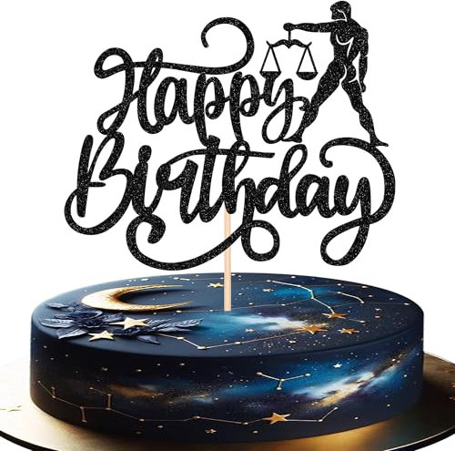 1 Stück Waage Tortendeko Glitter Happy Birthday Cake Topper 12 Sternbild Waage Kuchen Deko für September Oktober Horoskop Astrologie Geburtstag Party Kuchen Dekoration Schwarz