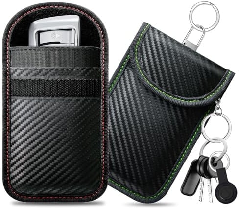 caslord 2 Stück Klein Keyless Go Schutz Autoschlüssel | rfid blocker autoschlüssel | Kohlefaser Leder | faraday bag | autoschlüssel schutz keyless | Rot+Grün