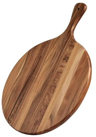 EazyBreezy Acacia Wood Cheese Board Large Charcuterie Board Pizza Cutting Board Round Serving Board with Handle for Pizza Cheese Meat Fruits Vegetables Bread Chopping Camping RV - 12 Inch