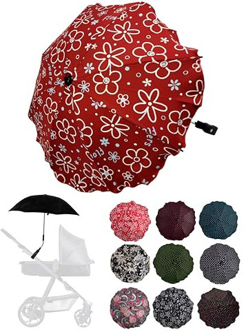 BambiniWelt by Rafael K. Sonnenschutz universal [Sonnenschirm für Kinderwagen] Buggy UV Schutz 50+ mit Universalhalterung biegsamer Schirm für Rund- und Ovalrohre verstellbar (Flowers rot)